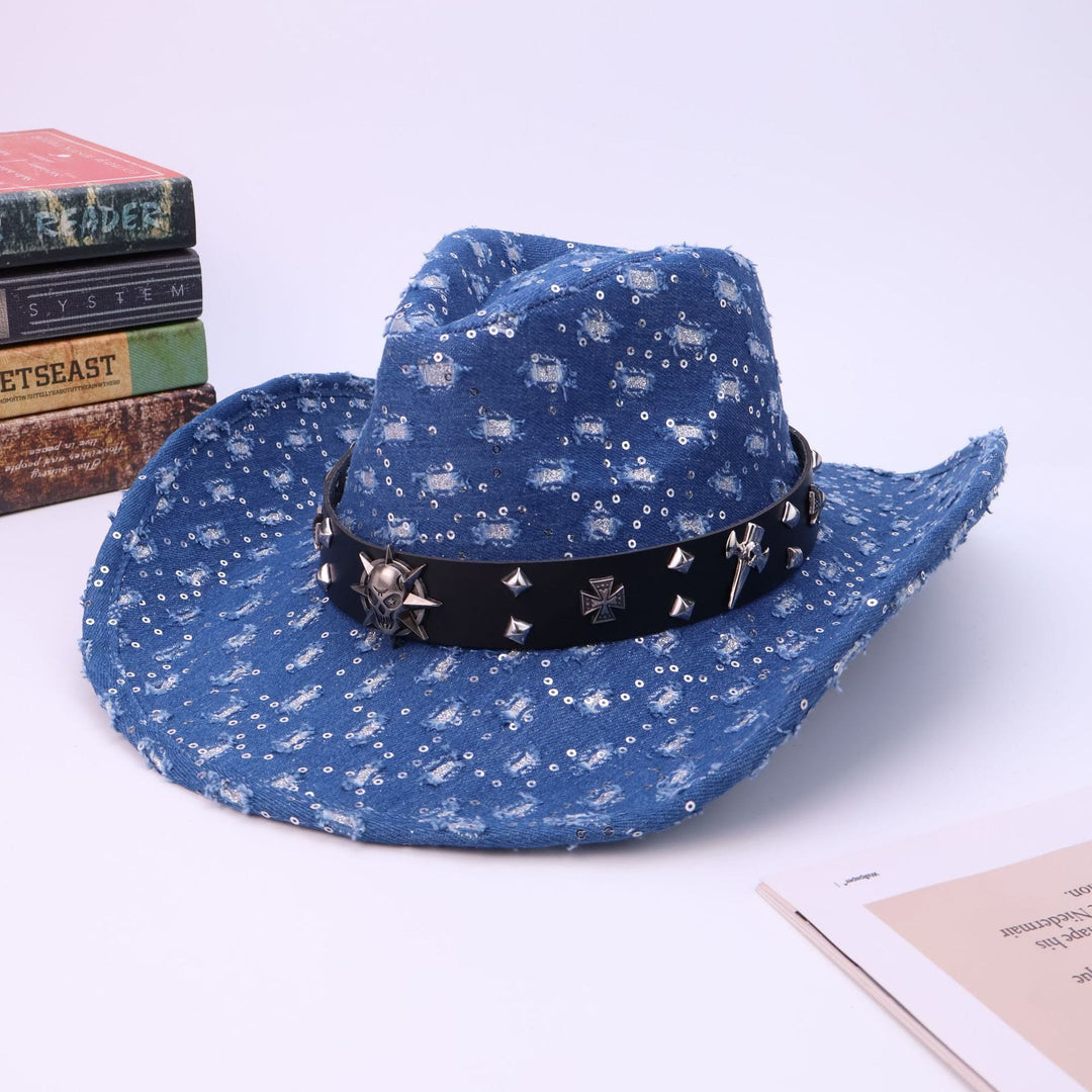 Men's Silver Skull Black Belt Ripped Cowboy Hat - Dark Blue - M (22"-22 7/8") - image 0