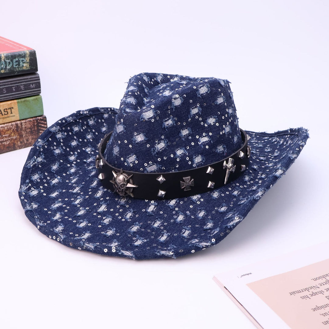Men's Silver Skull Black Belt Ripped Cowboy Hat - Navy Blue - M (22"-22 7/8") - image 5