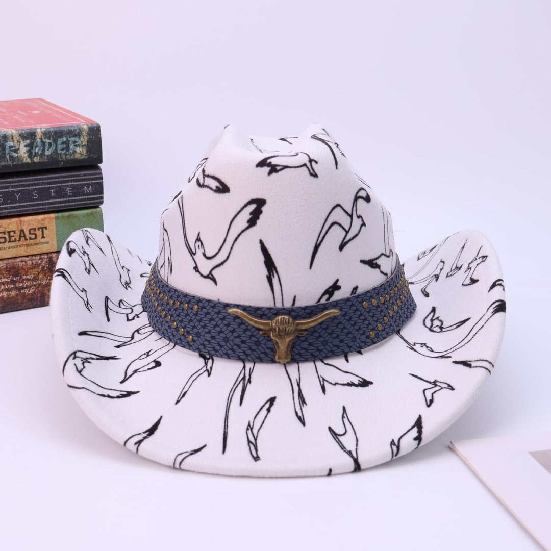 Men's Brass Bull Head Belt Bird Print Cowboy Hat - image 1