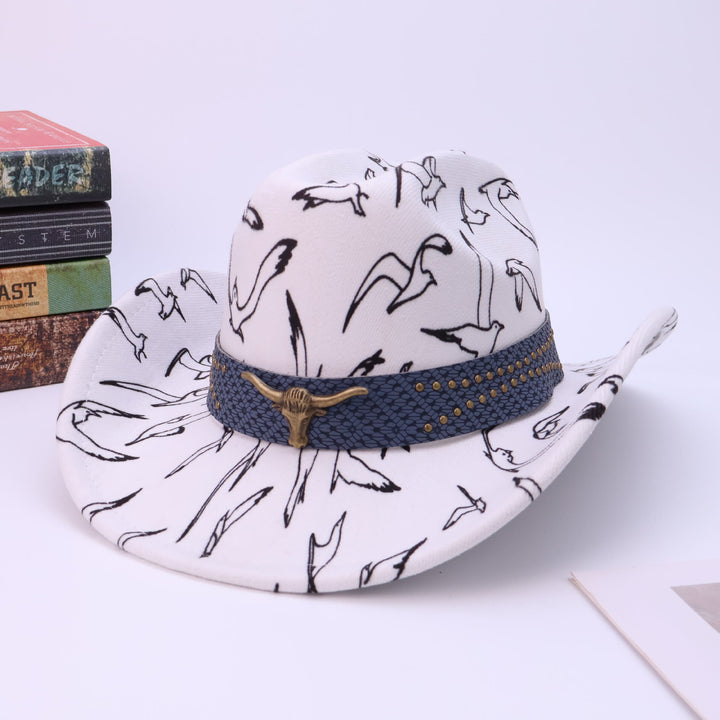 Men's Brass Bull Head Belt Bird Print Cowboy Hat - White - M (22"-22 7/8") - image 0