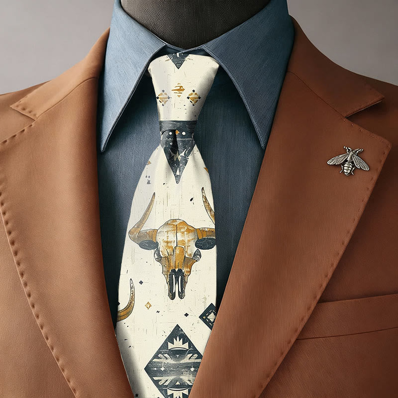 Men's Retro Bull Skull Cactus Pattern Western Style Necktie - Necktie - image 0