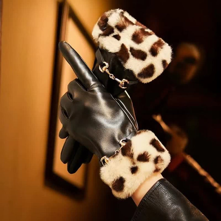 Women's Fur-Look Leopard Print Leather Gloves - Camel - image 0