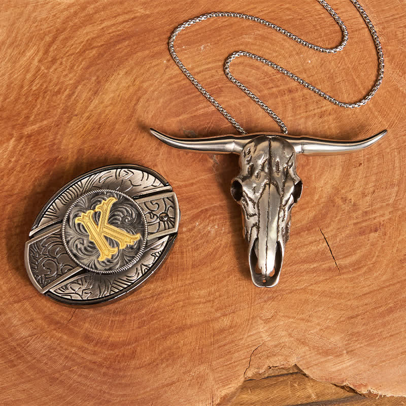 Initial Letter DIY Hidden Knife Belt Buckle Longhorn Pendant Bundle Set - K - Without Belt - image 19