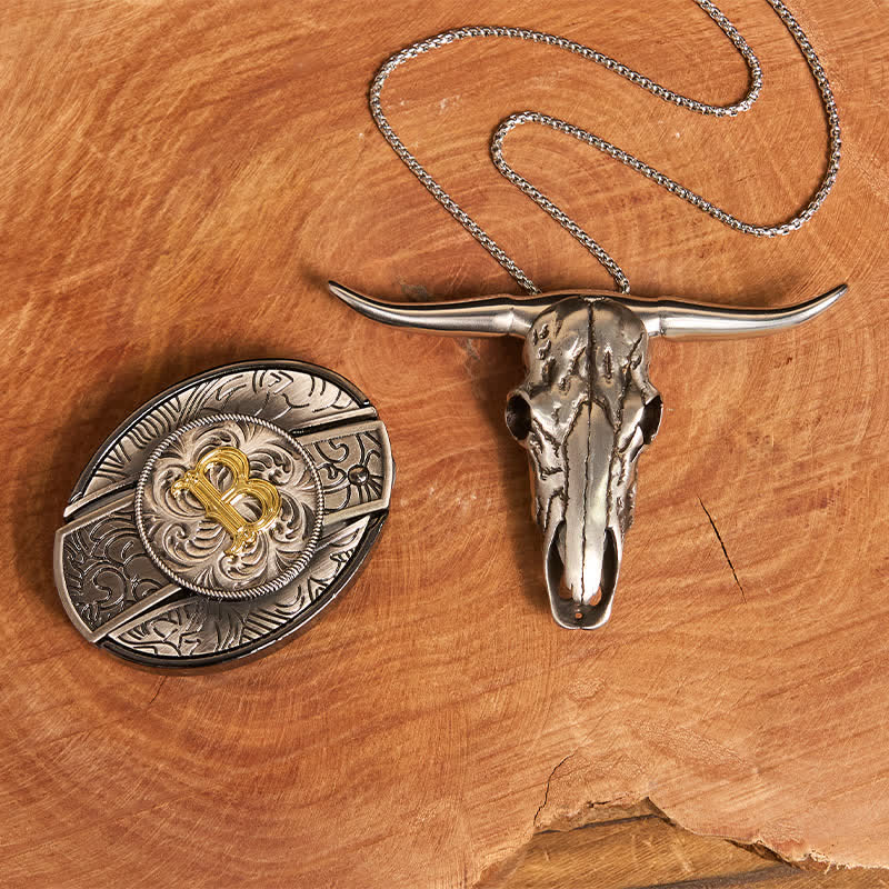 Initial Letter DIY Hidden Knife Belt Buckle Longhorn Pendant Bundle Set - B - Without Belt - image 1