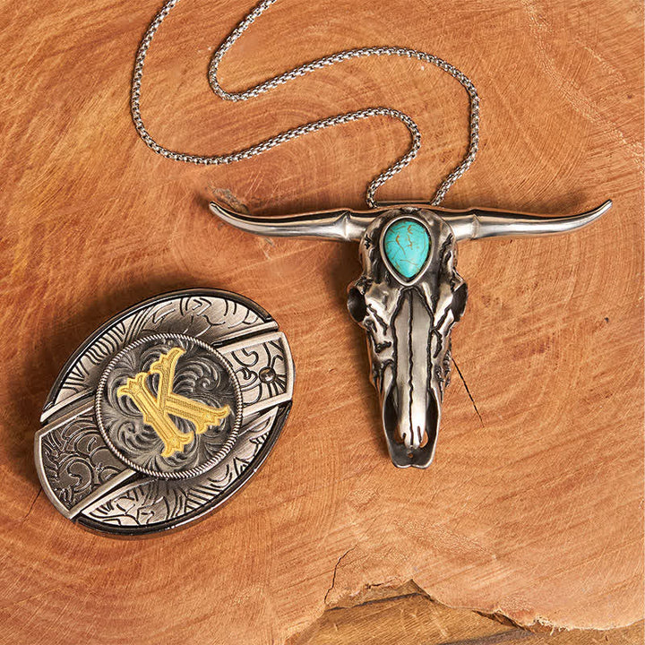 Initial Letter DIY Hidden Knife Buckle Turquoise Bull Pendant Bundle Set - K - Without Belt - image 19
