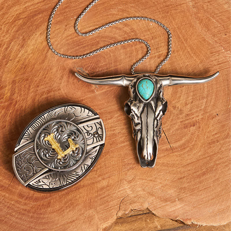 Initial Letter DIY Hidden Knife Buckle Turquoise Bull Pendant Bundle Set - L - Without Belt - image 20