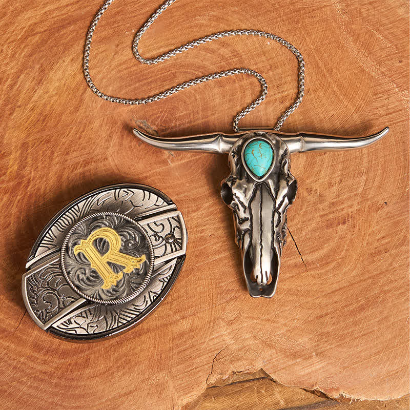 Initial Letter DIY Hidden Knife Buckle Turquoise Bull Pendant Bundle Set - R - Without Belt - image 26