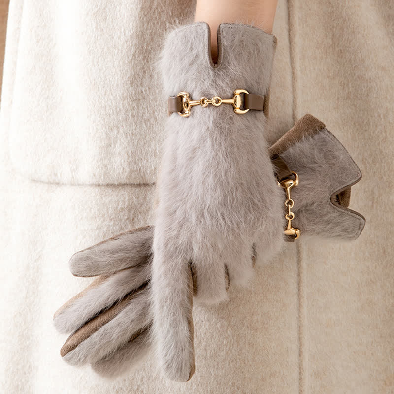 Women's Artificial Rabbit Fur Suede Patchwork Leather Gloves - Khaki - image 0