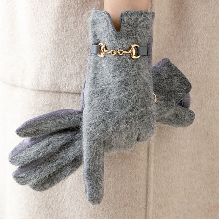 Women's Artificial Rabbit Fur Suede Patchwork Leather Gloves - Gray - image 3
