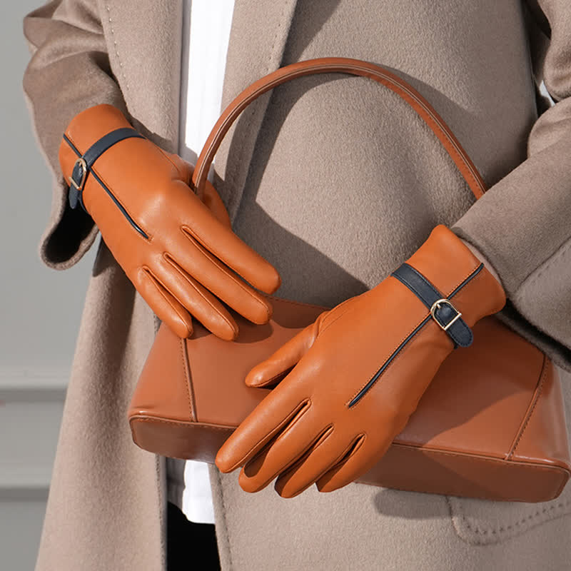 Women's Contrast Color Genuine Sheepskin Leather Gloves - image 7