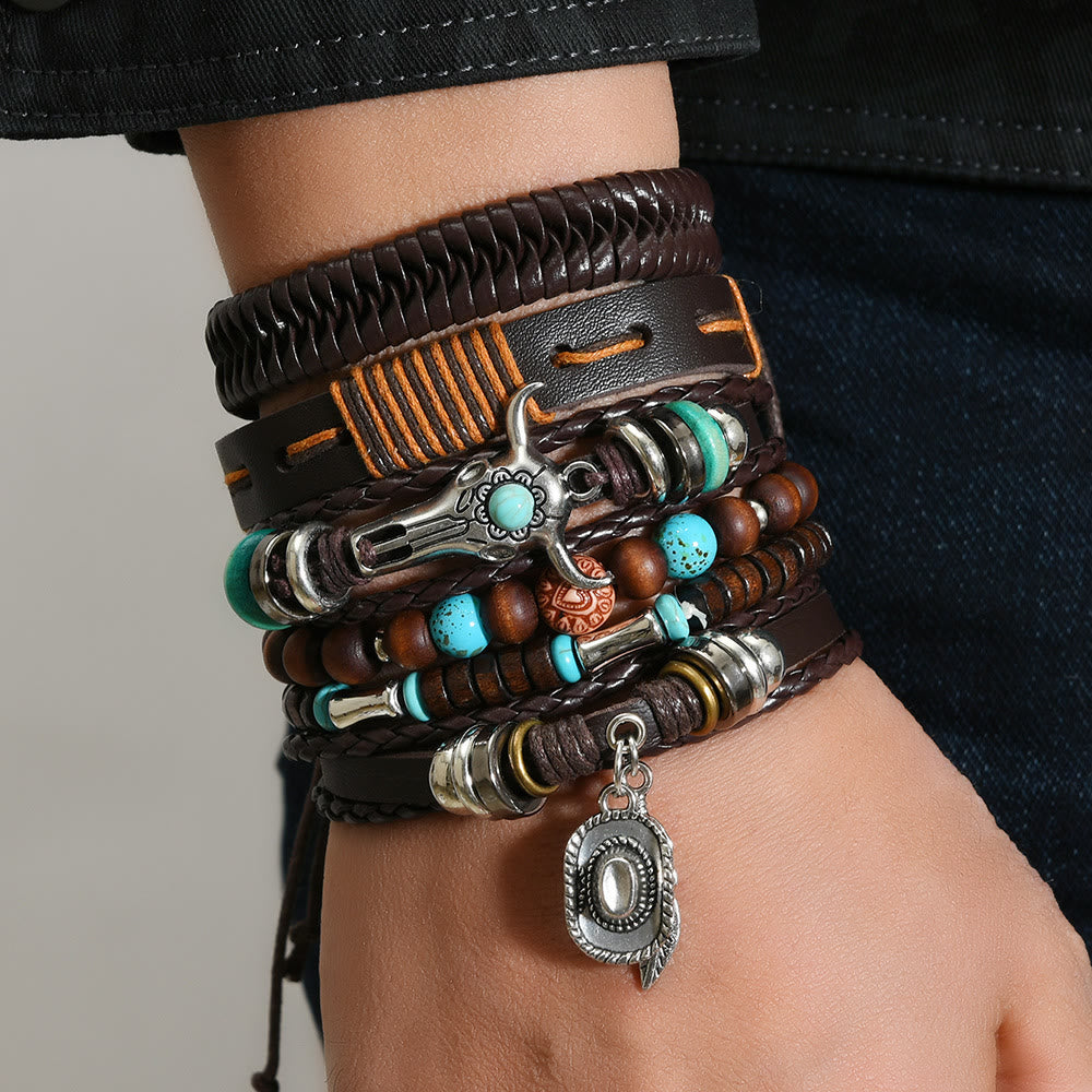 6Pcs Western Retro Bullhead Turquoise Leather Beaded Bracelet - image 5