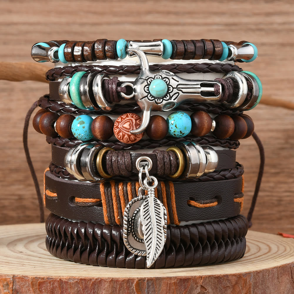 6Pcs Western Retro Bullhead Turquoise Leather Beaded Bracelet - Skull Bullhead - image 4