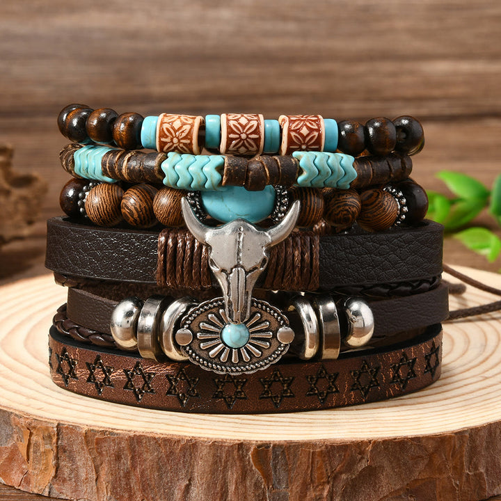 6Pcs Western Retro Bullhead Turquoise Leather Beaded Bracelet - Bullhead - image 0