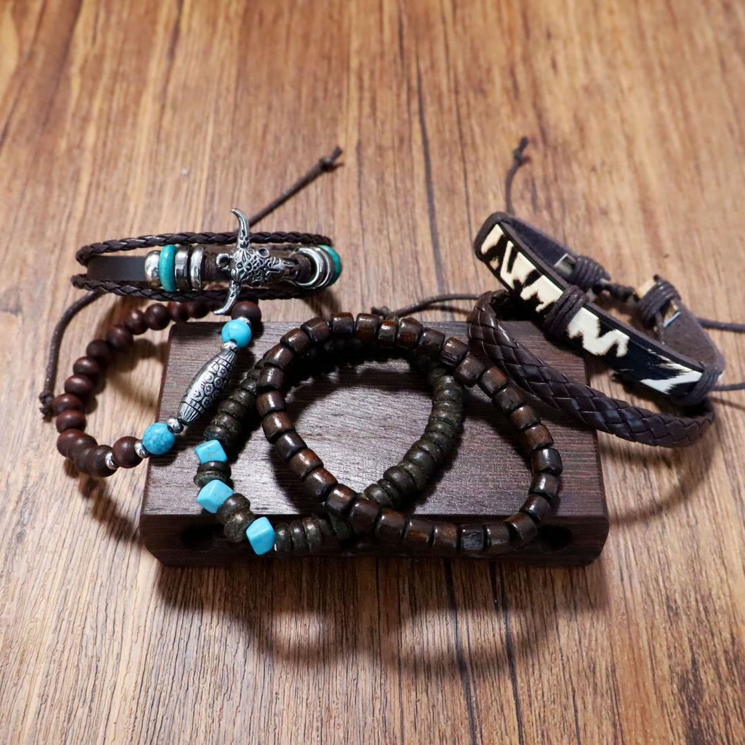 6pcs Western Retro Skull Bullhead Turquoise Leather Beaded Bracelet - image 2
