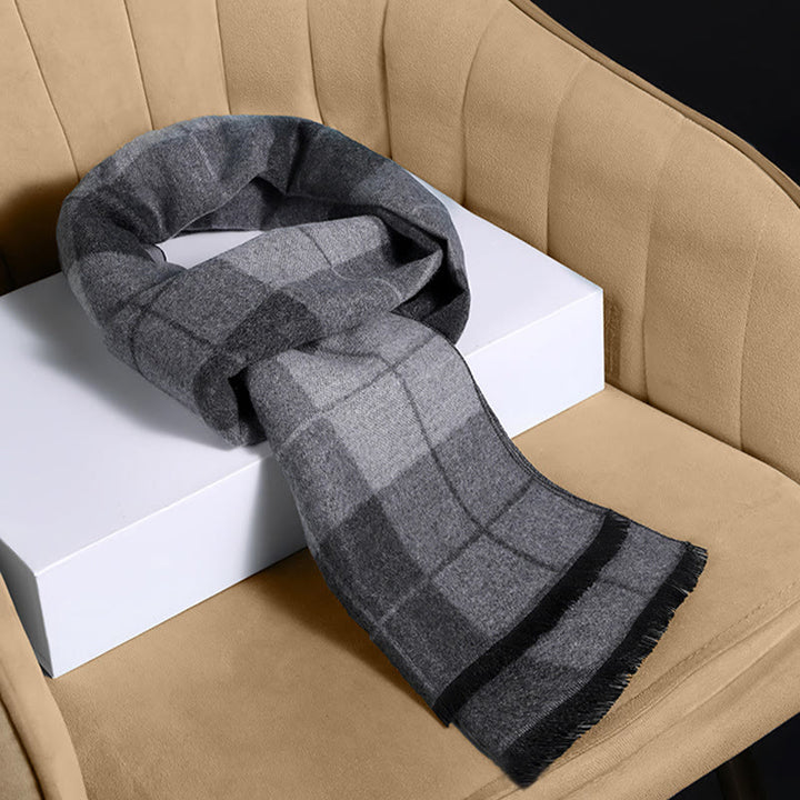 Men's Classic Plaid Tassel Warm Scarf - Grey - image 9