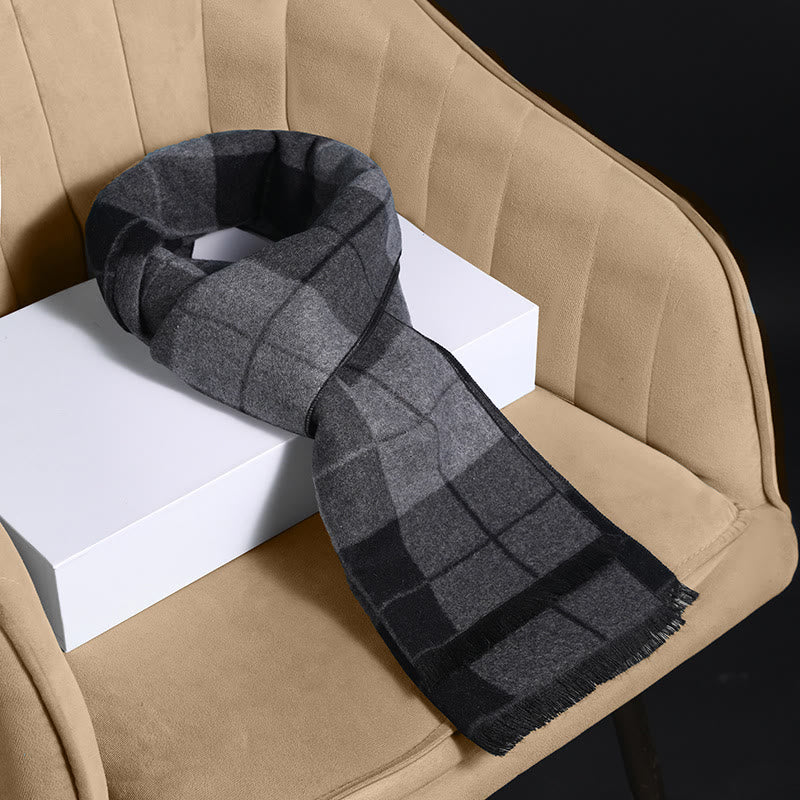 Men's Classic Plaid Tassel Warm Scarf - Black Grey - image 6