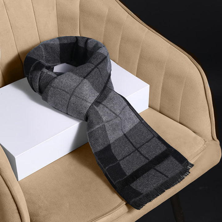 Men's Classic Plaid Tassel Warm Scarf - Black Grey - image 6