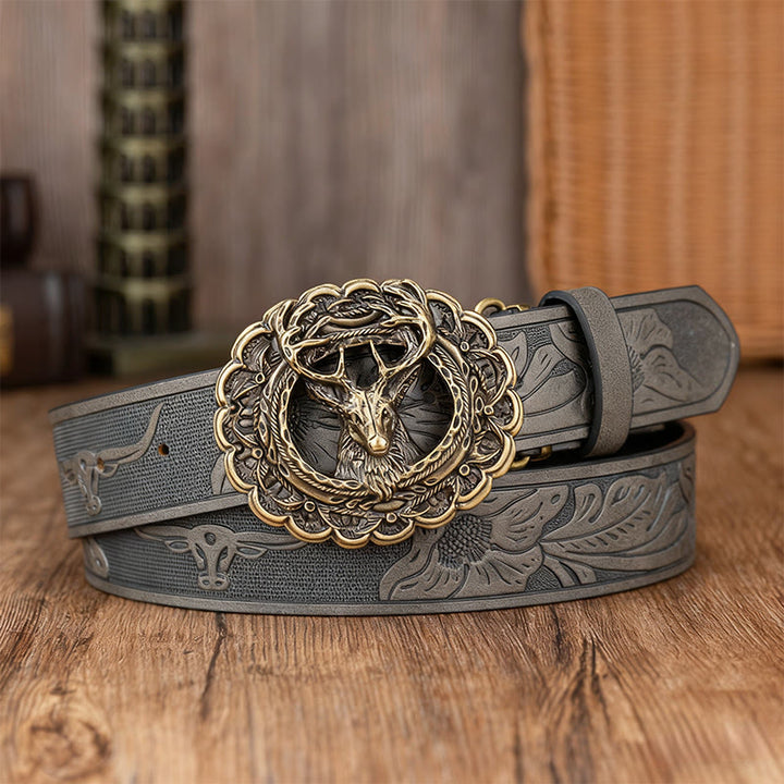 Men's Exquisite Deer Head Buckle Embossed Belt - Grey - 38 - image 6