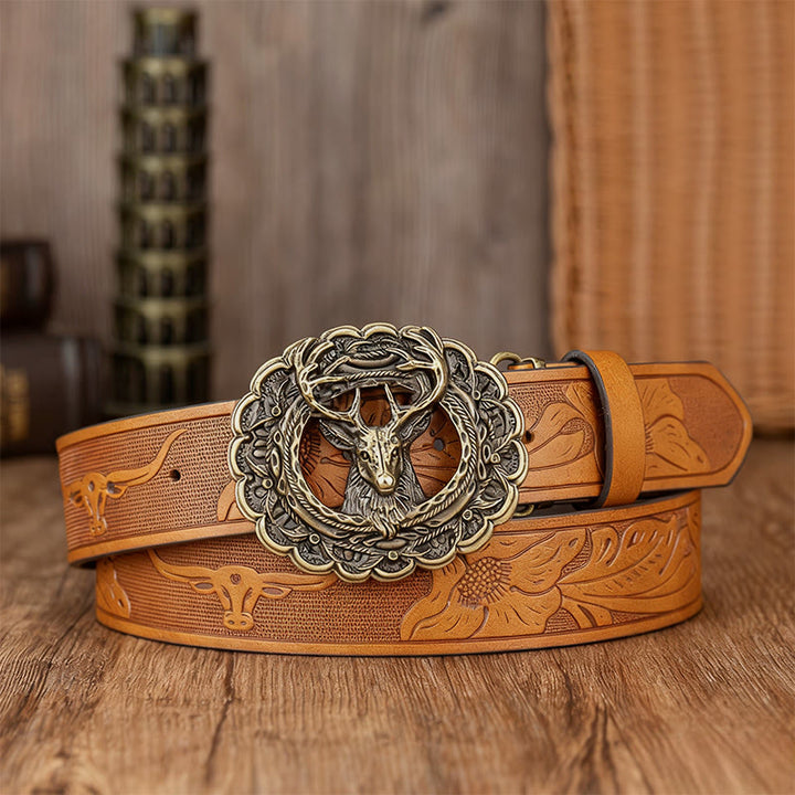 Men's Exquisite Deer Head Buckle Embossed Belt - Yellow - 38 - image 5