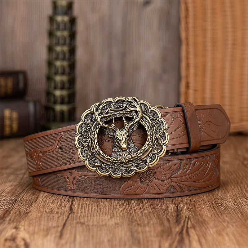 Men's Exquisite Deer Head Buckle Embossed Belt - Brown - 38 - image 2