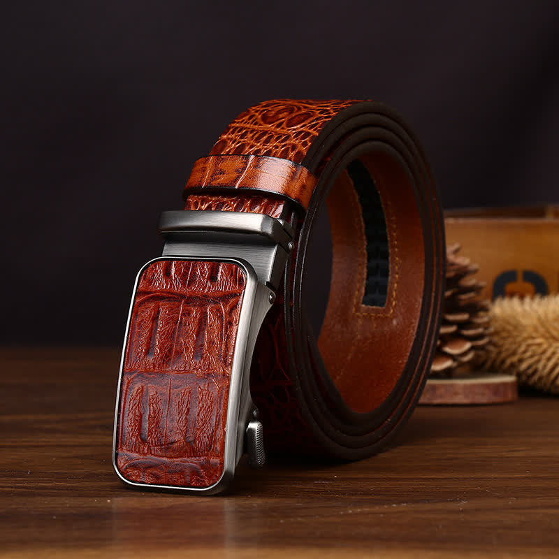 Bold Crocodile Embossed Automatic Buckle Leather Belt - Brown - 44 - image 0