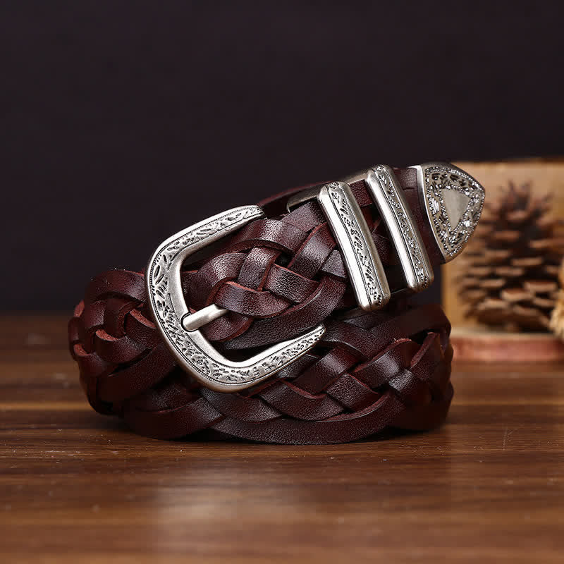 Rustic Charm Handwoven Braided Casual Leather Belt - Brown - 38 - image 8