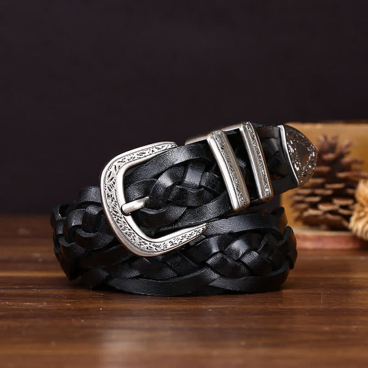 Rustic Charm Handwoven Braided Casual Leather Belt - Black - 38 - image 5