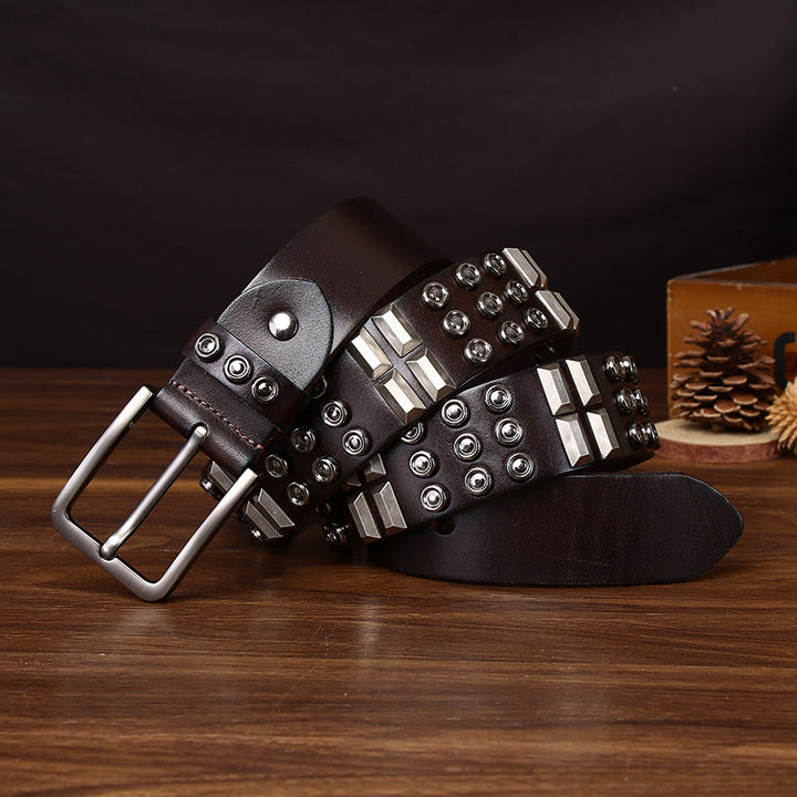 Edgy Premium Geometric and Round Stud-Embellished Leather Belt - Brown - 44 - image 5