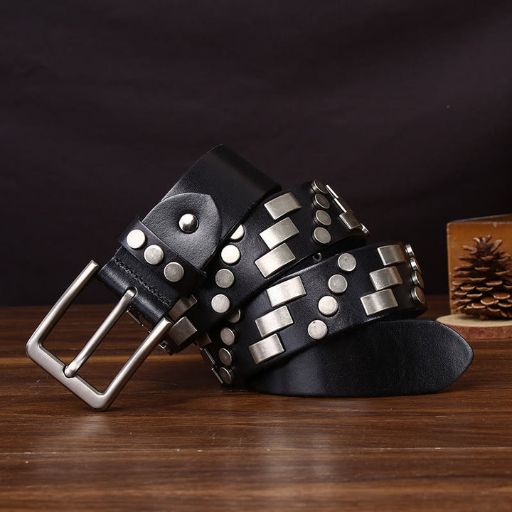 Premium Square and Circular Metal Accent Leather Belt - Black - 44 - image 0