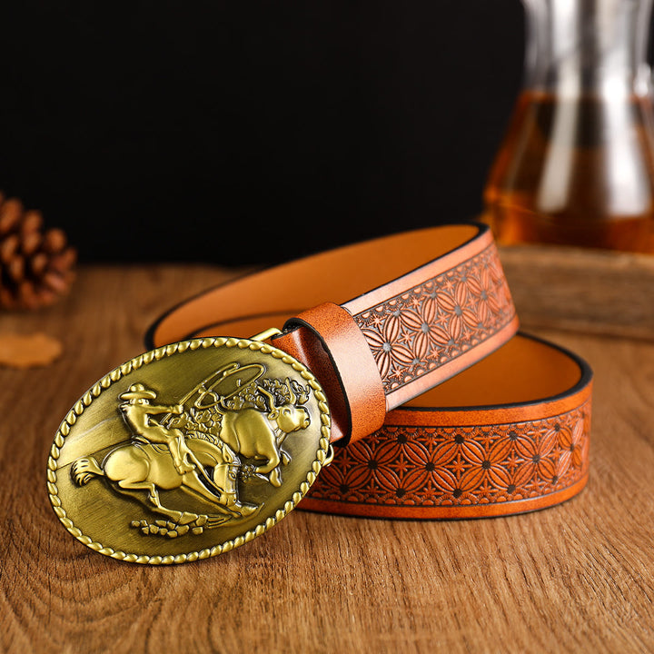 Men's Western Horse Riding Buckle Brown Leather Belt - Brass - 38 - image 0