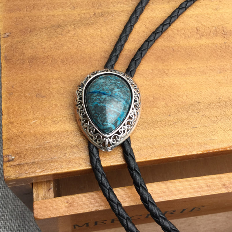 Teardrop Turquoise Vintage Carved Metal Bolo Ties - image 5