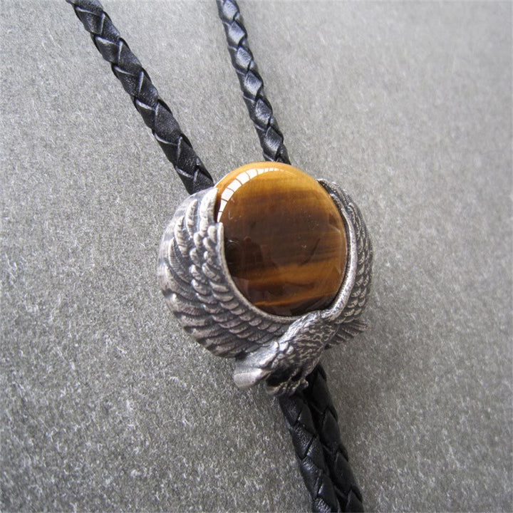 Wing-Accented Tiger Eye Stone Vintage Metal Bolo Ties - image 7