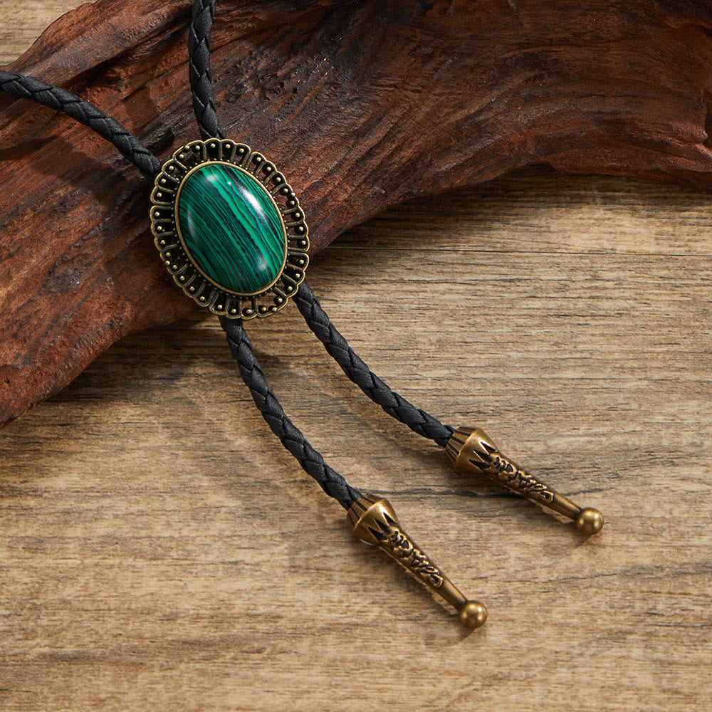 Assorted Natural Gemstone Retro Metal Frame Bolo Ties - Style #2 - image 2