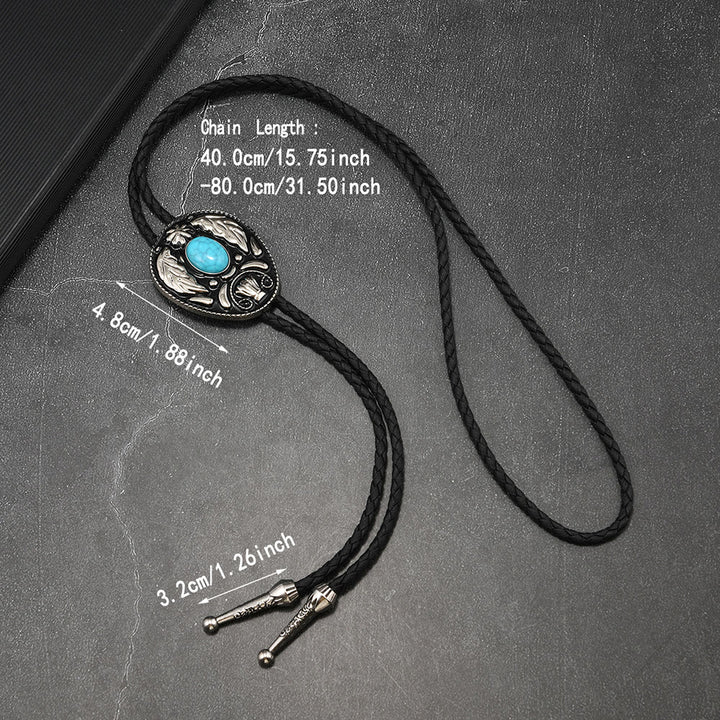 Oval Turquoise Black-and-white Carved Metal Bolo Ties - image 4