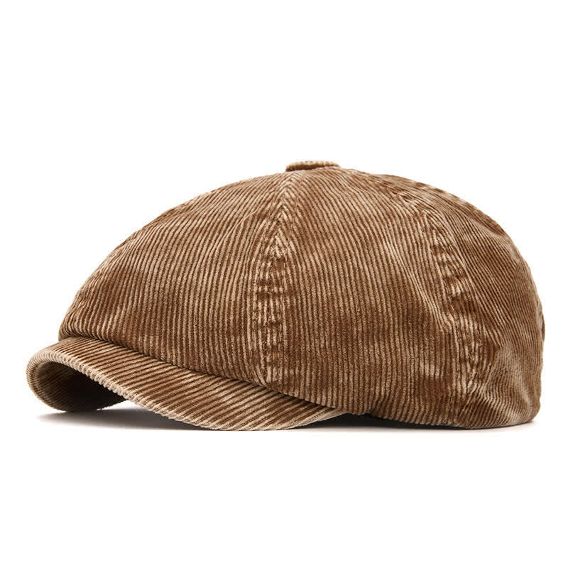 Retro-Inspired Solid Color Corduroy Newsboy Beret Hat - Khaki - Adjustable (22 1/2"-24") - image 0