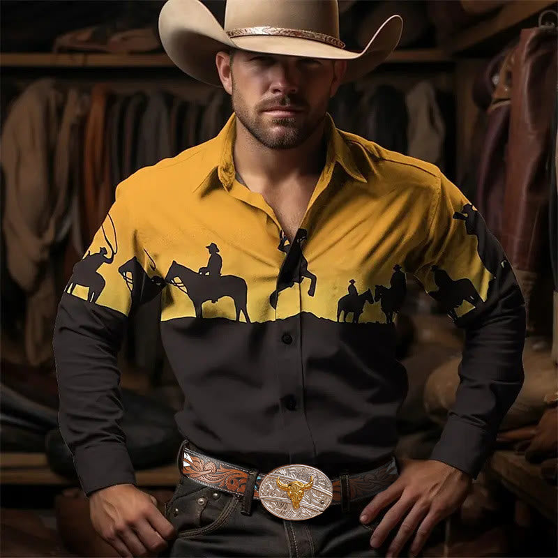 Men's 3D Print Gradient Silhouette Western Cowboy Long Sleeve Shirt - Gradient Silhouette - 5XL - image 0