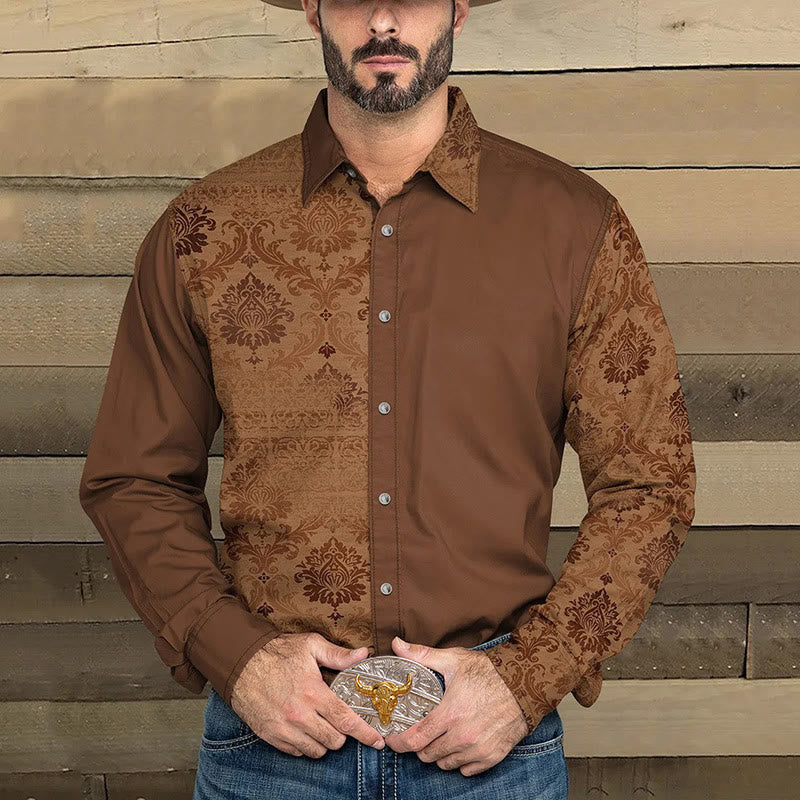 Men's Western Printed-Solid Color Patchwork Long Sleeves Shirt - Brown - 5XL - image 0