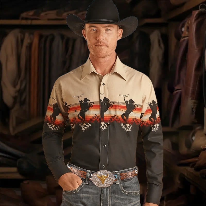 Men's Western Riding Cowboy Print Long Sleeves Shirt - Riding Cowboy - 5XL - image 0