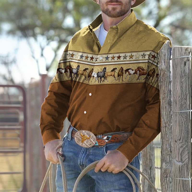 Men's Western 3D Print Horse Stars Long Sleeves Cowboy Shirt - image 0