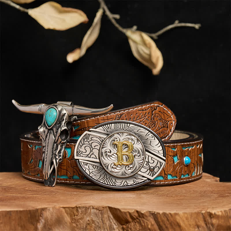 Initial Letter DIY Hidden Knife Buckle Turquoise Bull Pendant Bundle Set - B - Turquoise Carved Belt (40) - image 0