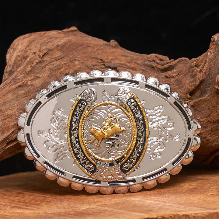 Retro Golden Cowboy Bull Silver Oval Buckle Leather Belt - Without Belt - Not Included Belt - image 0