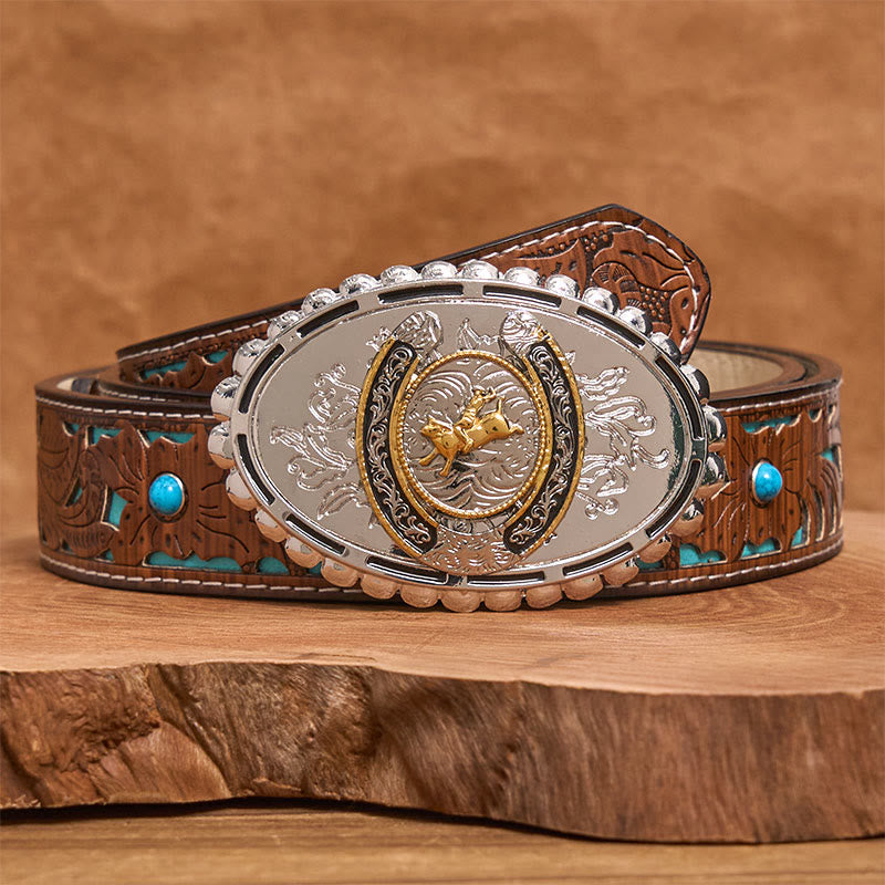 Retro Golden Cowboy Bull Silver Oval Buckle Leather Belt - Turquoise Carved Belt - 42 - image 3