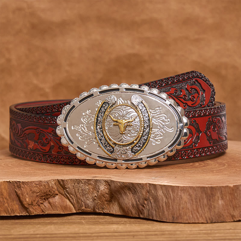 Men's Silver Carved Golden Bull Head Ellipse Buckle Leather Belt - Brown Carved Belt - 42 - image 6