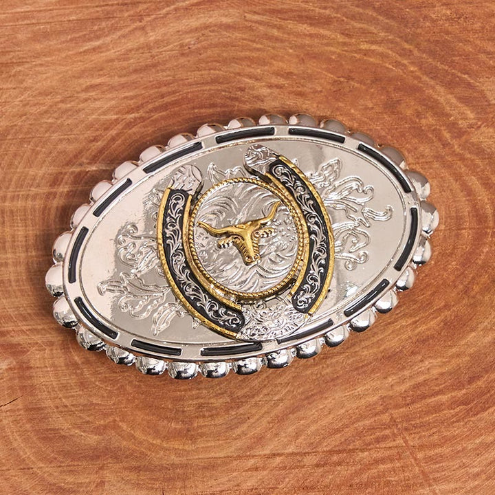 Men's Silver Carved Golden Bull Head Ellipse Buckle Leather Belt - image 1