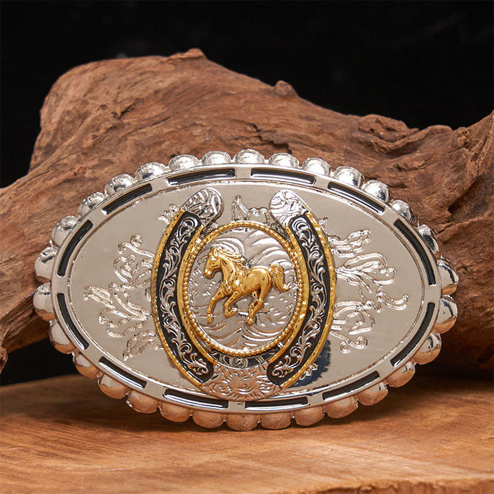 Men's Western Silver Carved Golden Horse Ellipse Buckle Leather Belt - Without Belt - Not Included Belt - image 0