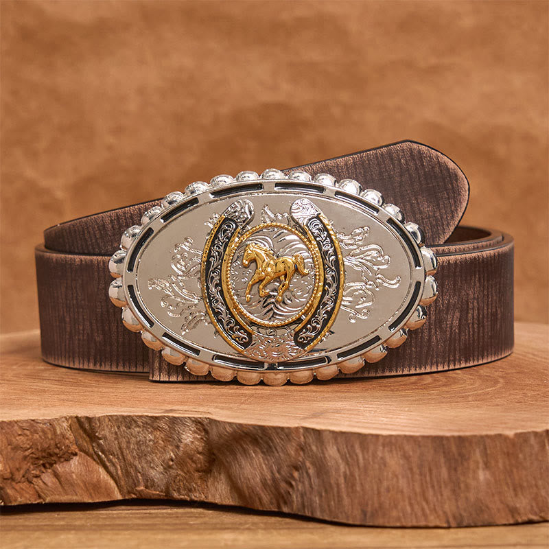 Men's Western Silver Carved Golden Horse Ellipse Buckle Leather Belt - Brown Distressed Belt - 42 - image 5