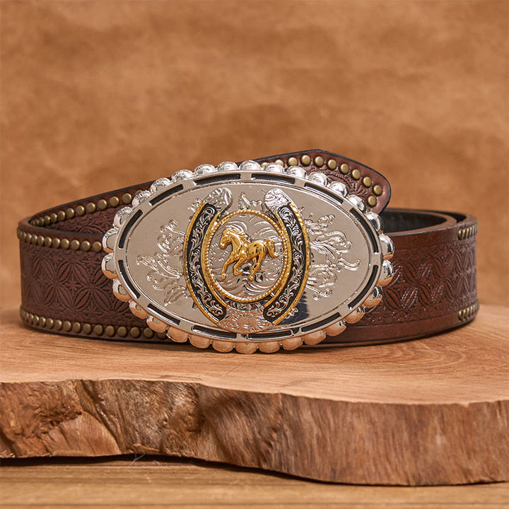 Men's Western Silver Carved Golden Horse Ellipse Buckle Leather Belt - Brown Rivet Belt - 42 - image 4