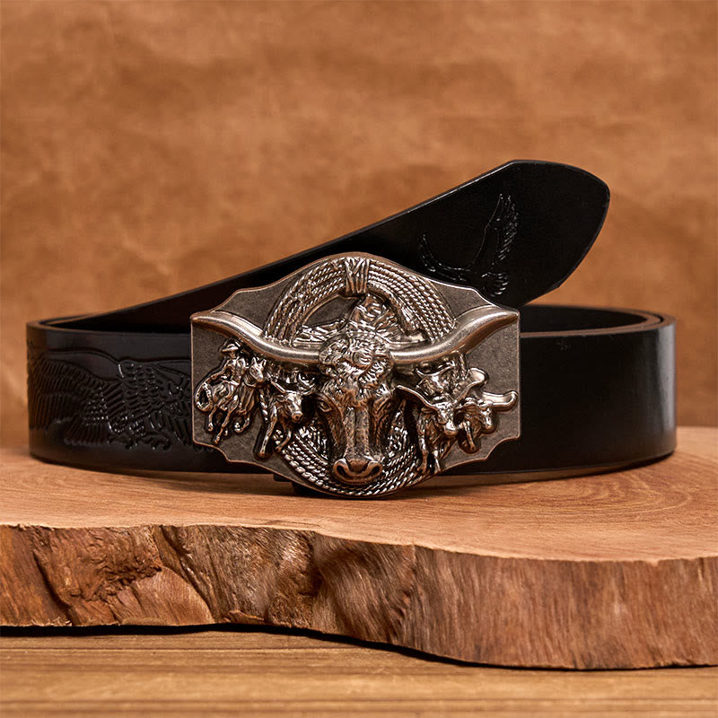 Men's Western Golden & Sliver Bull Head Buckle Leather Belt - Silver - Black Embossed Eagle Belt - 42 - image 5