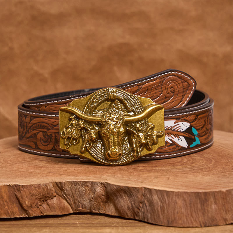 Men's Western Golden & Sliver Bull Head Buckle Leather Belt - Golden - Brown Feather Belt - 40 - image 14