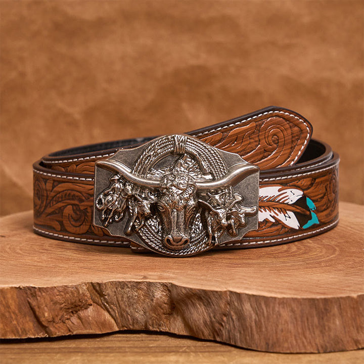 Men's Western Golden & Sliver Bull Head Buckle Leather Belt - Silver - Brown Feather Belt - 40 - image 15